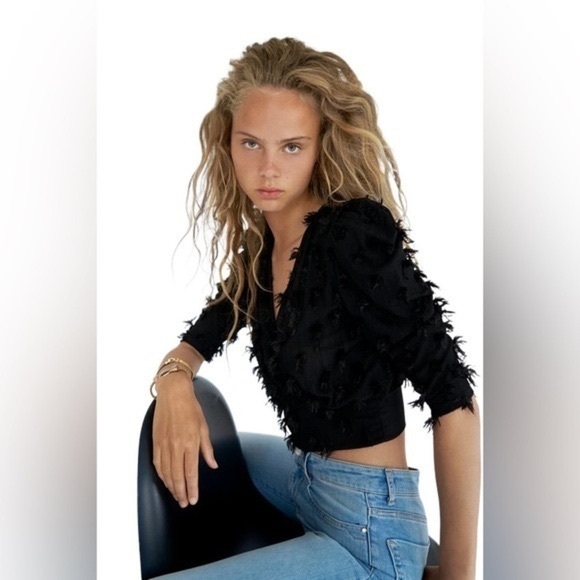 Zara Tops - Zara Fringed Wrap Top Blouse Black Feather M